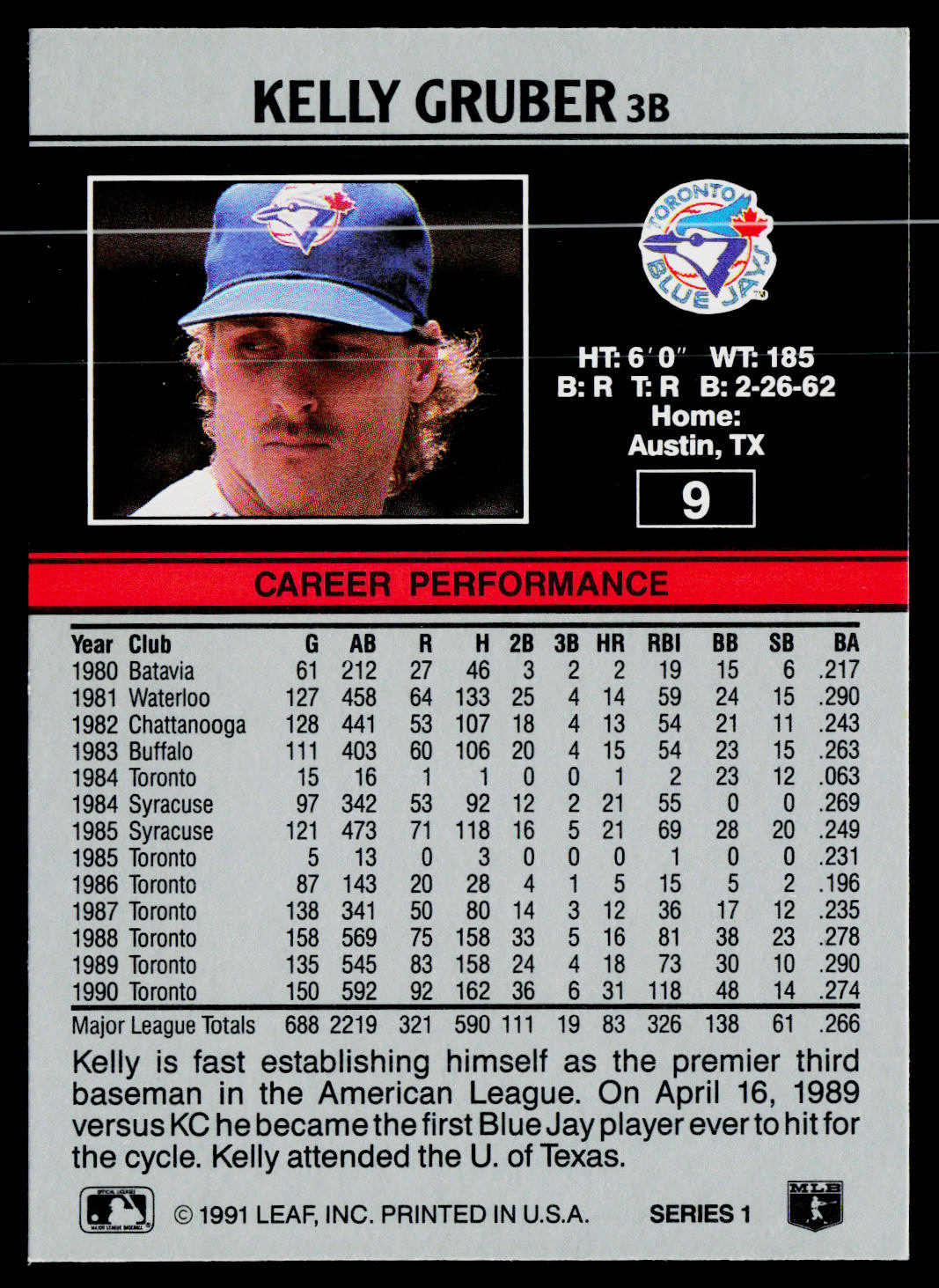 Kelly Gruber 1991 Leaf #9 Toronto Blue Jays
