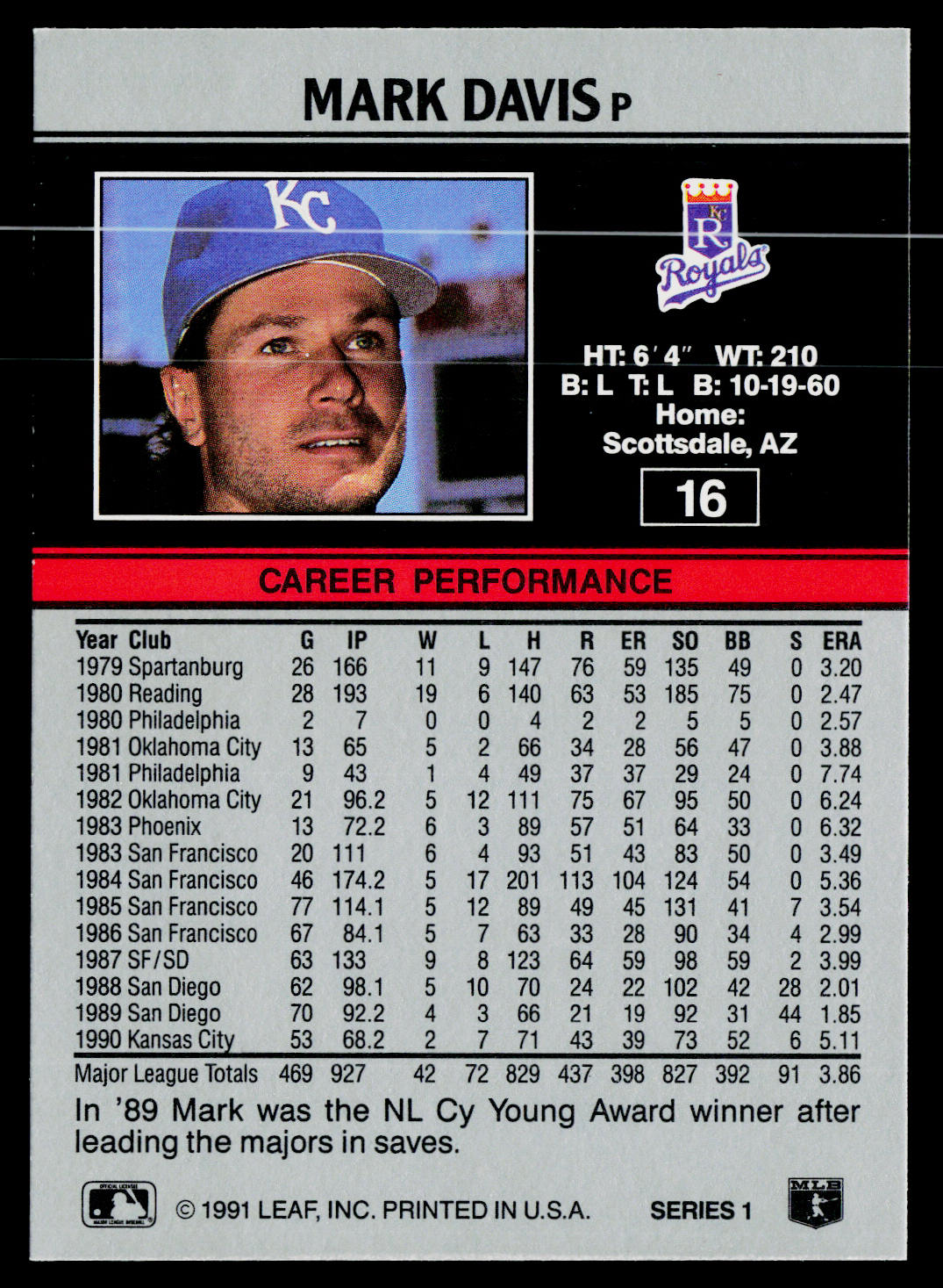 Mark Davis 1991 Leaf #16 Kansas City Royals