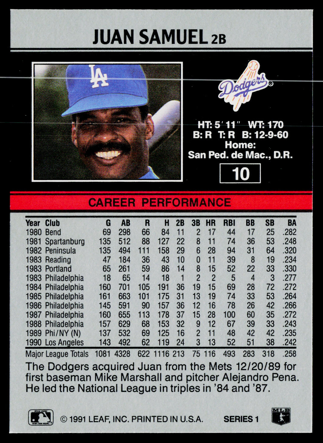 Juan Samuel 1991 Leaf #10 Los Angeles Dodgers