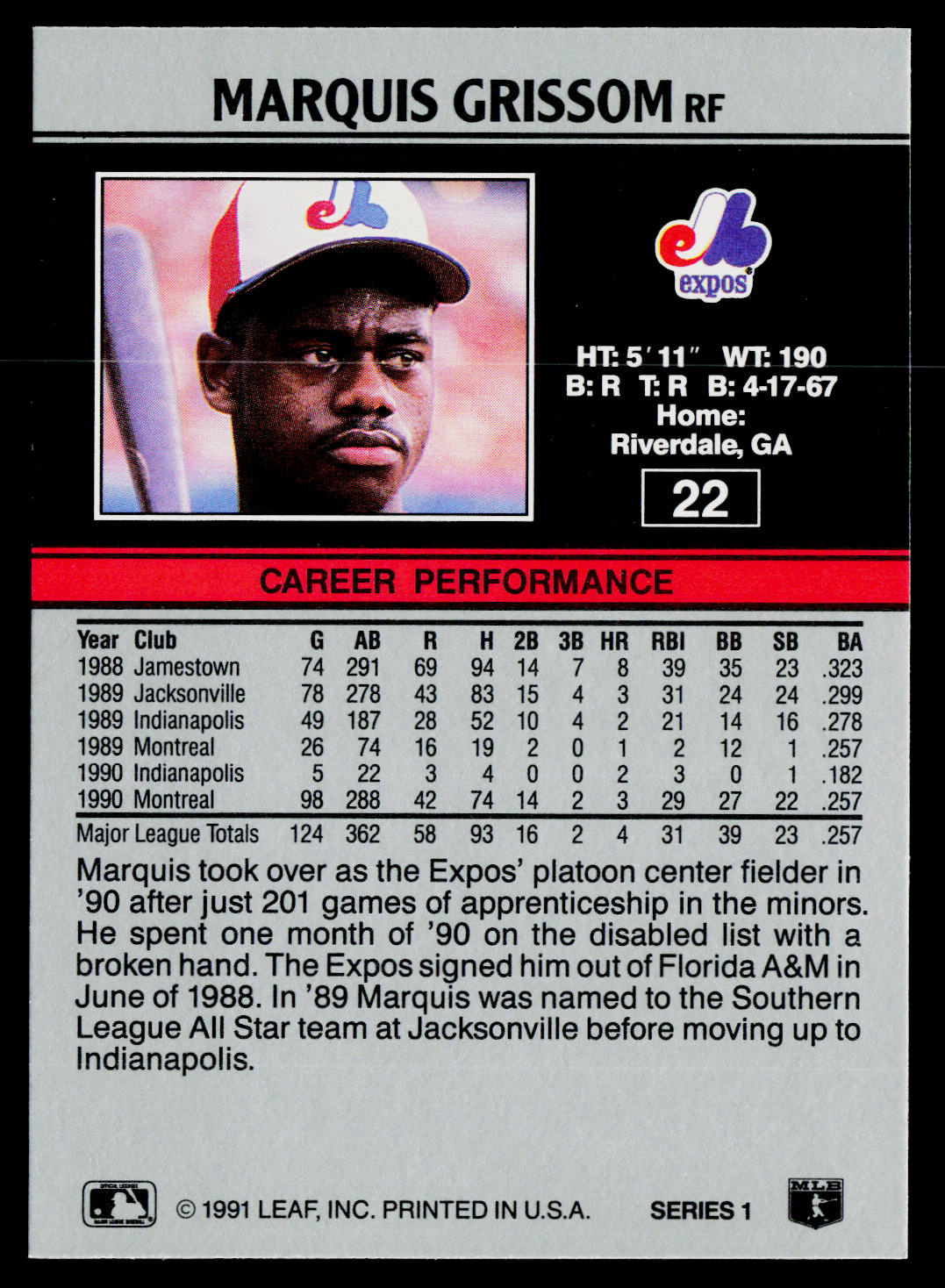 Marquis Grissom 1991 Leaf #22 Montreal Expos