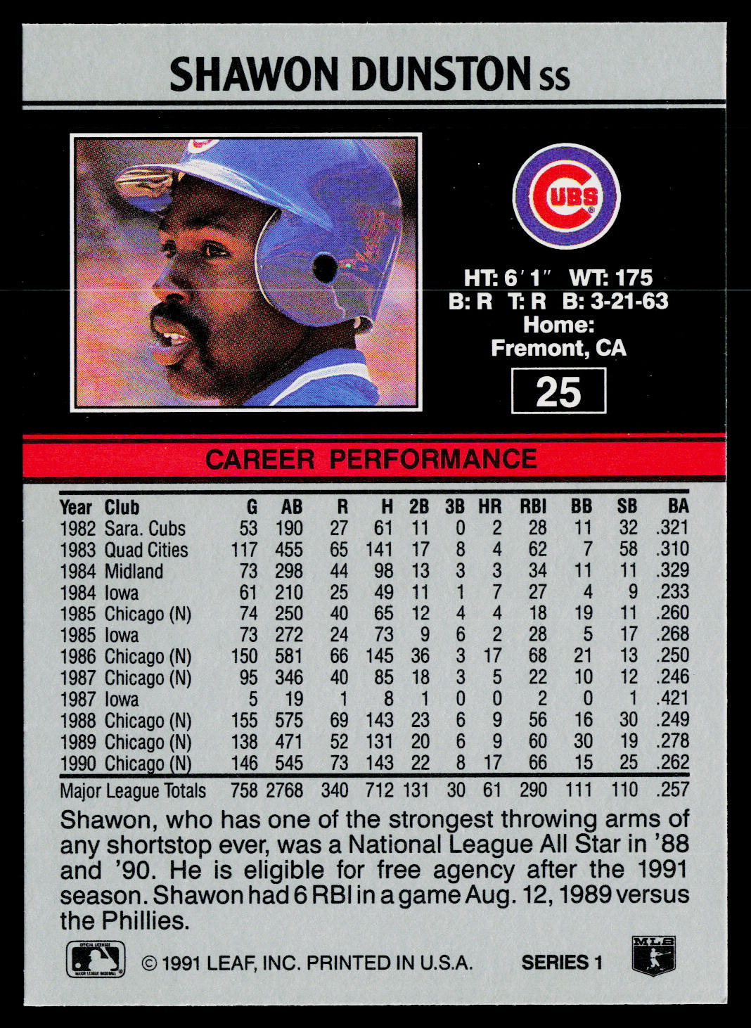 Shawon Dunston 1991 Leaf #25 Chicago Cubs
