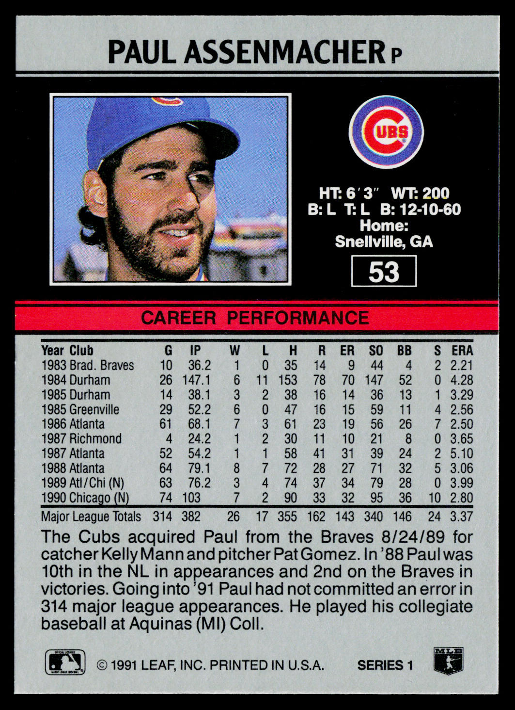 Paul Assenmacher 1991 Leaf #53 Chicago Cubs