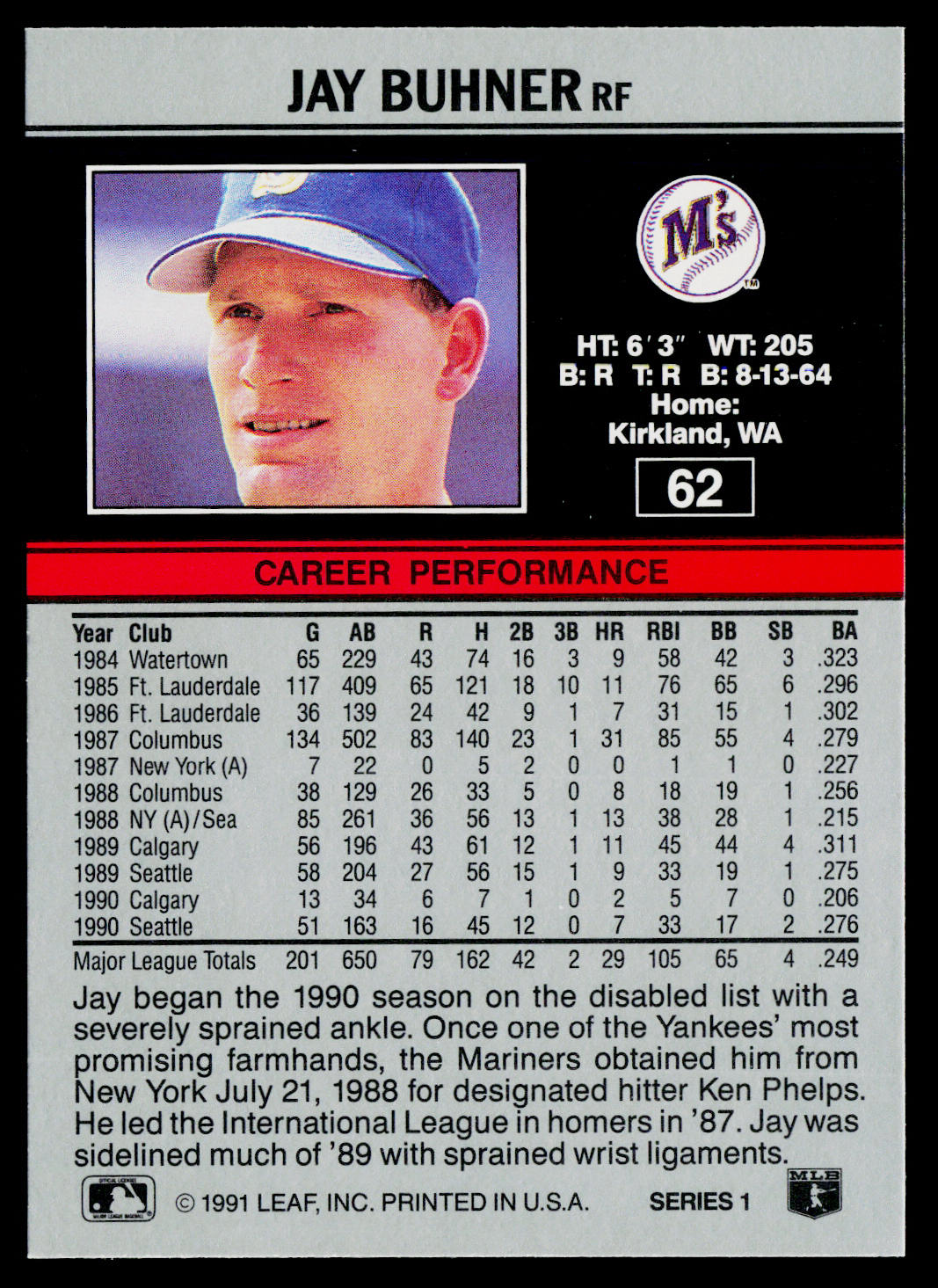Jay Buhner 1991 Leaf #62 Seattle Mariners