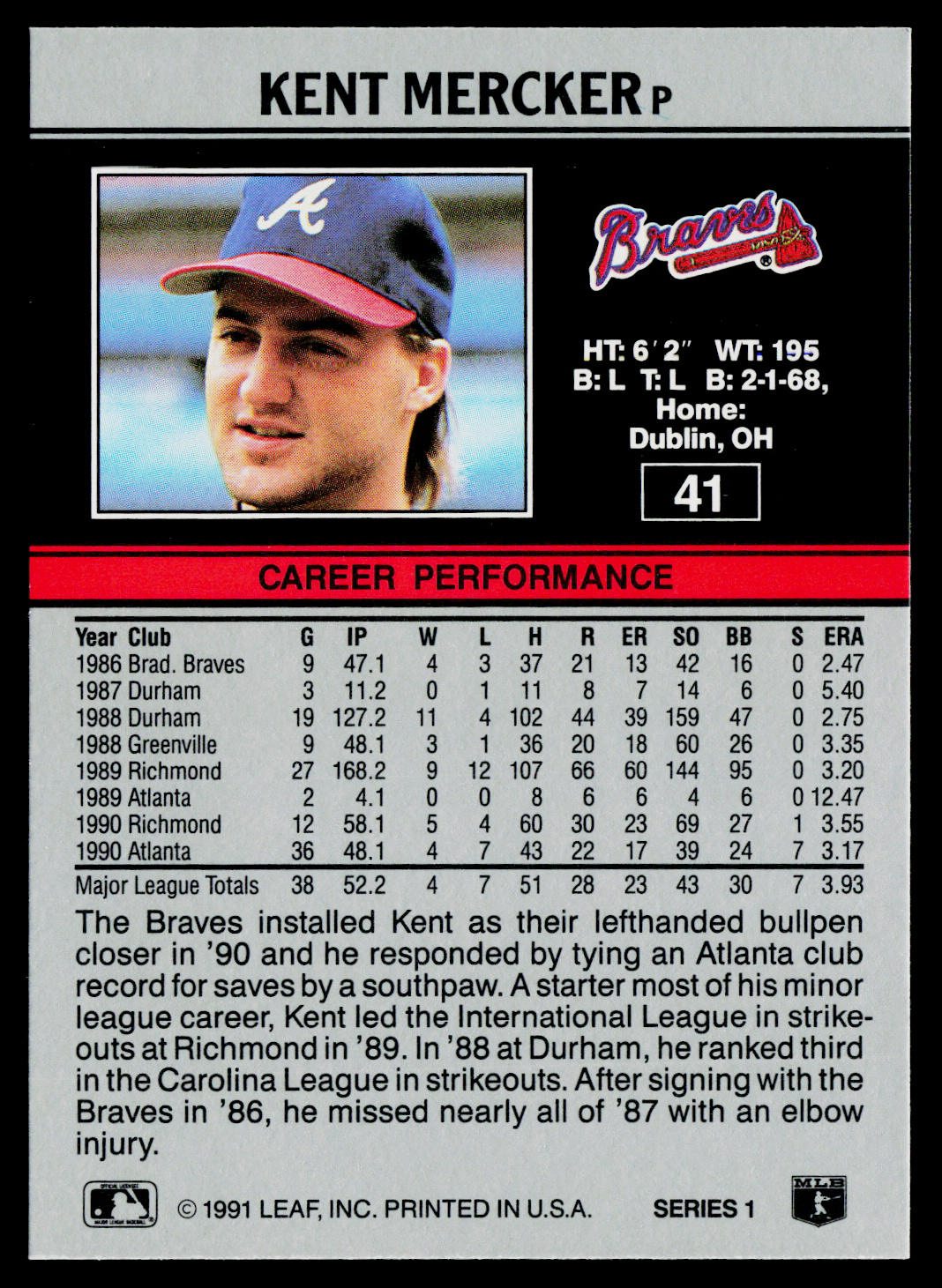 Kent Mercker 1991 Leaf #41 Atlanta Braves