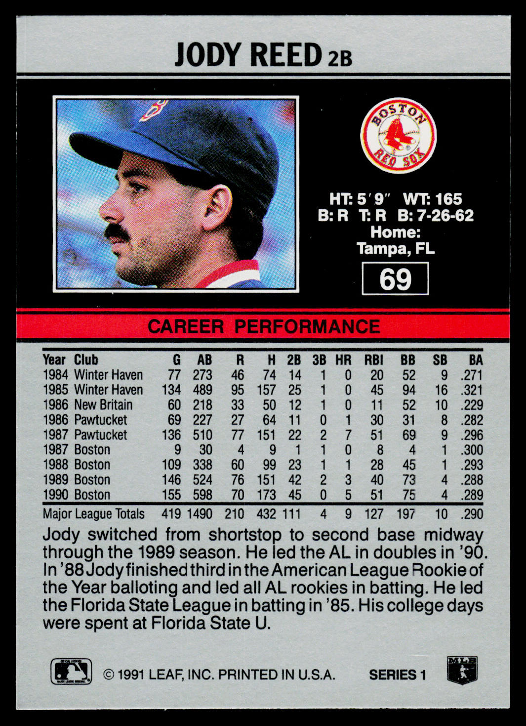 Jody Reed 1991 Leaf #69 Boston Red Sox