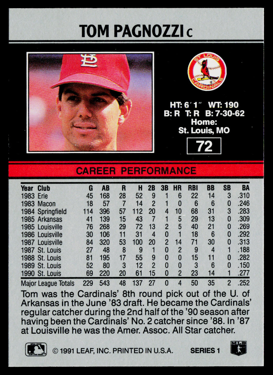 Tom Pagnozzi 1991 Leaf #72 St. Louis Cardinals