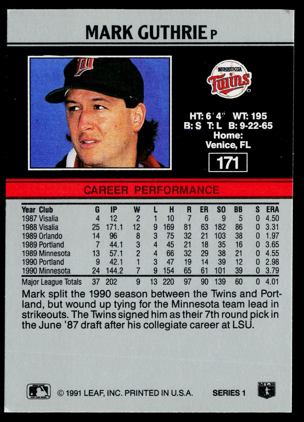 Mark Guthrie 1991 Leaf #171 Minnesota Twins