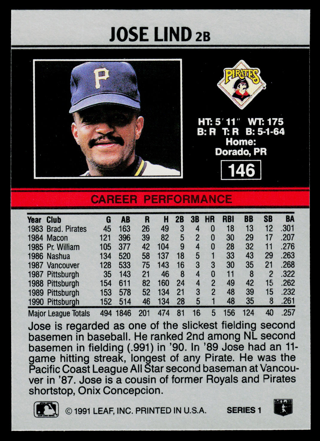 Jose Lind 1991 Leaf #146 Pittsburgh Pirates