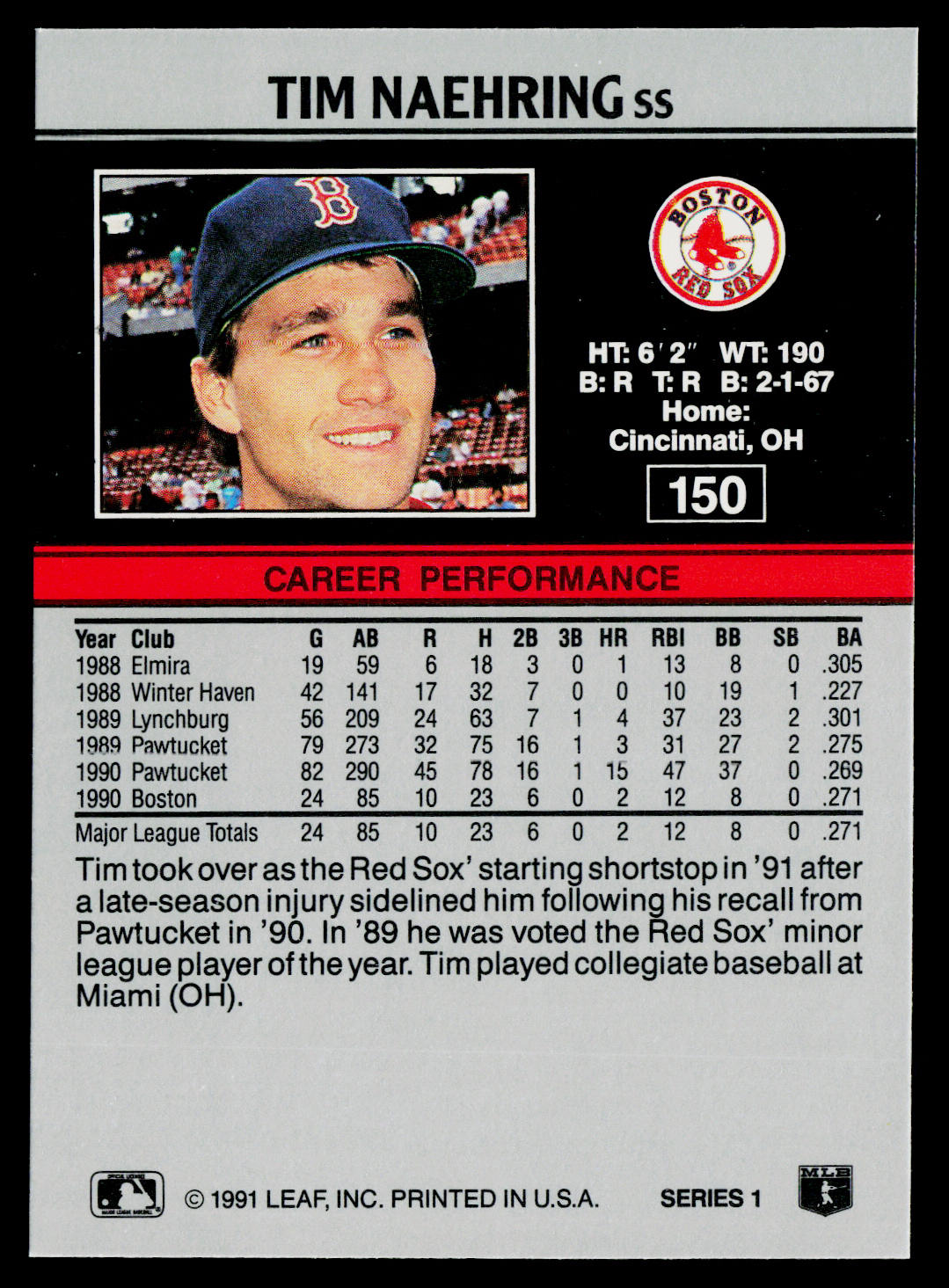 Tim Naehring 1991 Leaf #150 Boston Red Sox