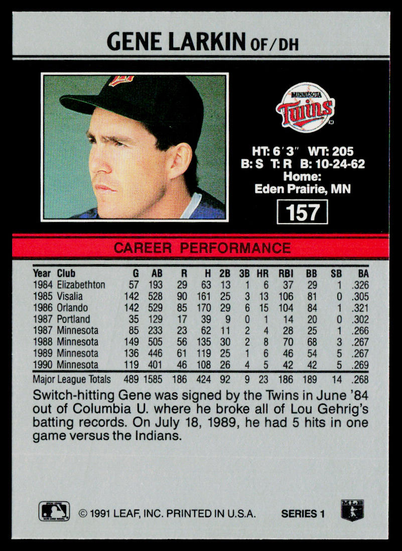 Gene Larkin 1991 Leaf #157 Minnesota Twins