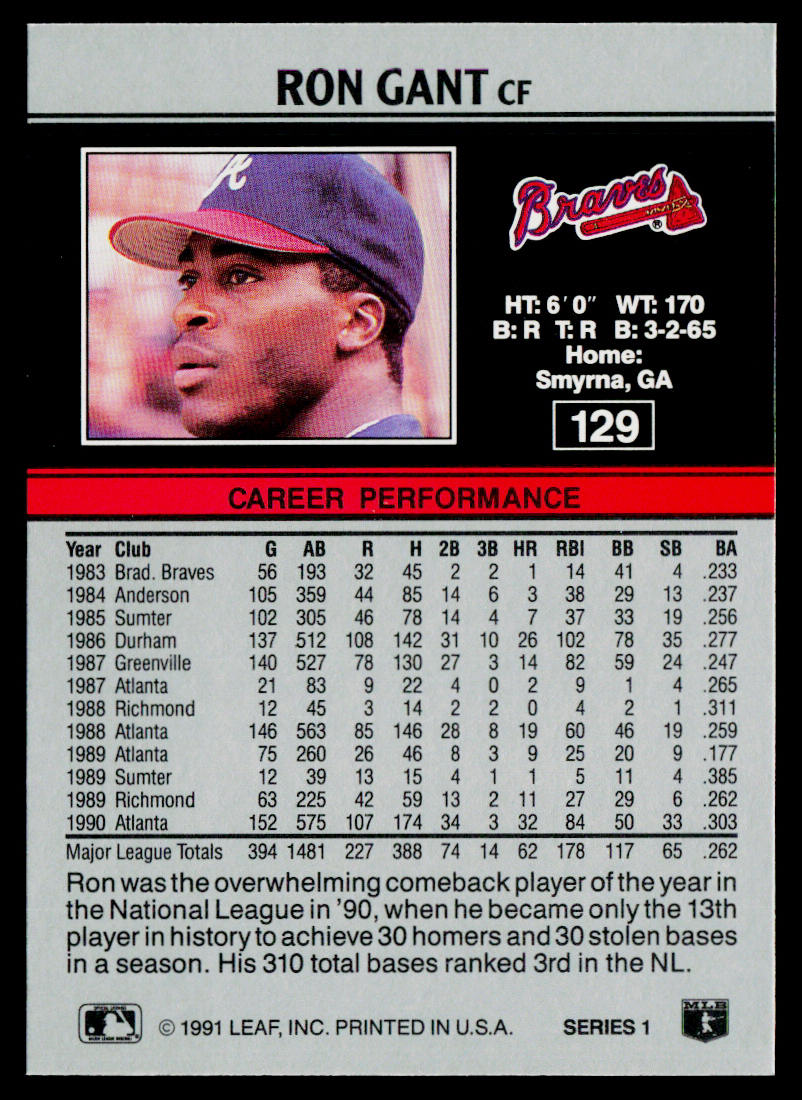 Ron Gant 1991 Leaf #129 Atlanta Braves