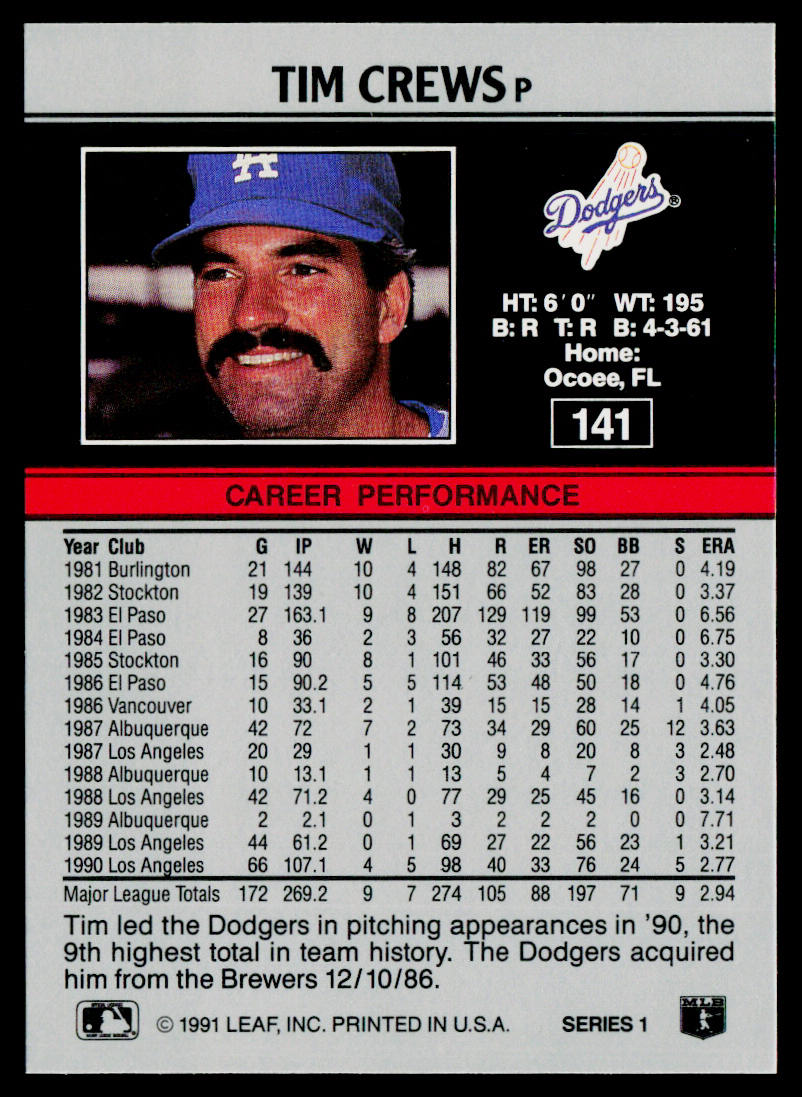 Tim Crews 1991 Leaf #141 Los Angeles Dodgers