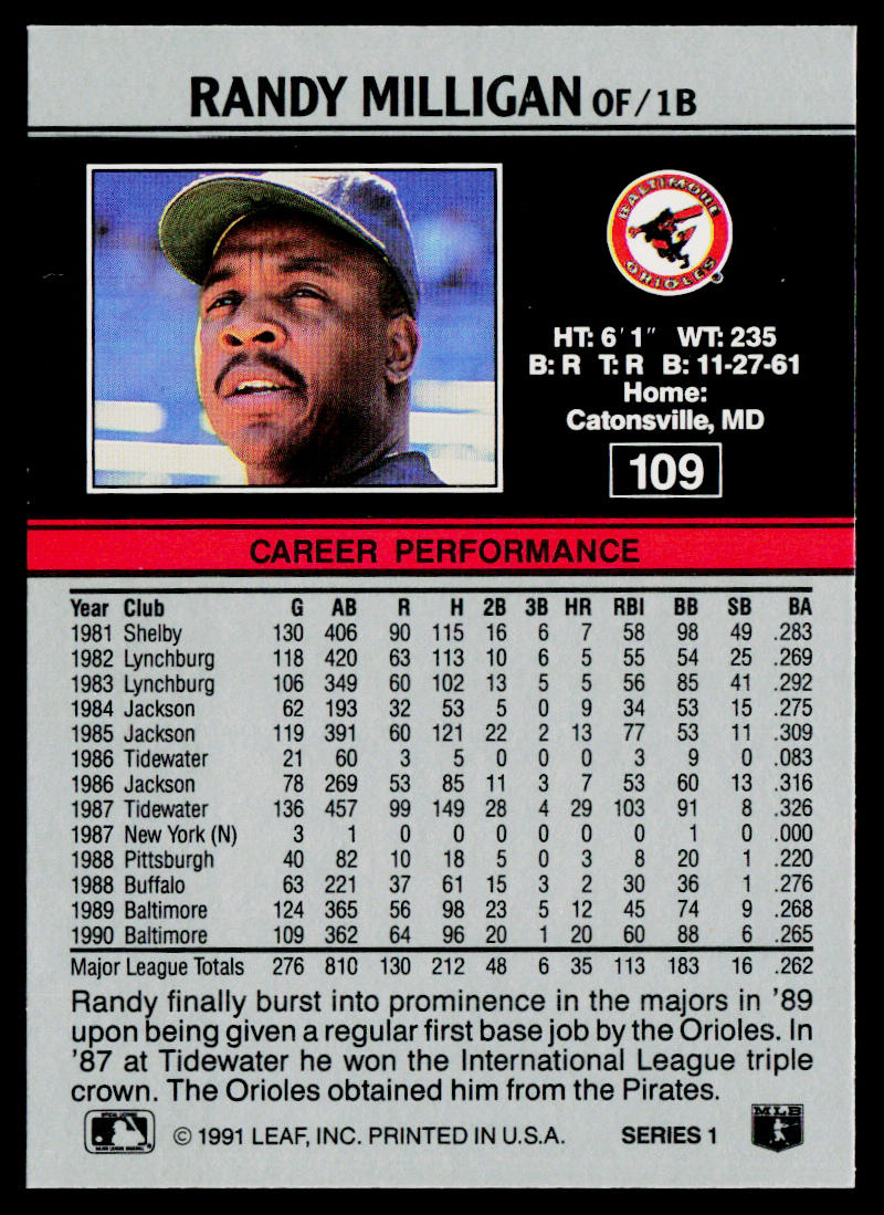 Randy Milligan 1991 Leaf #109 Baltimore Orioles