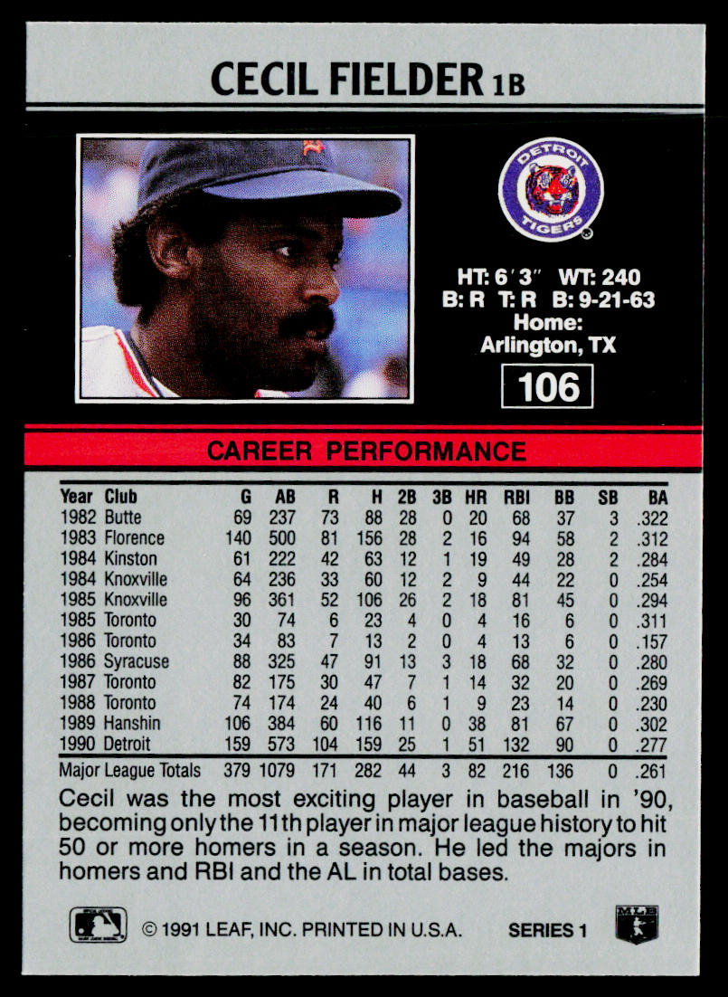 Cecil Fielder 1991 Leaf #106 Detroit Tigers