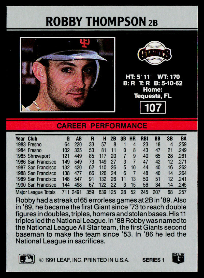 Robby Thompson 1991 Leaf #107 San Francisco Giants