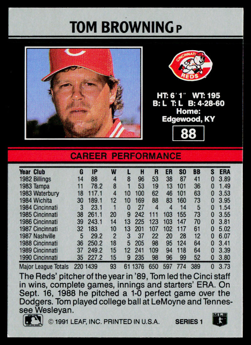 Tom Browning 1991 Leaf #88 Cincinnati Reds