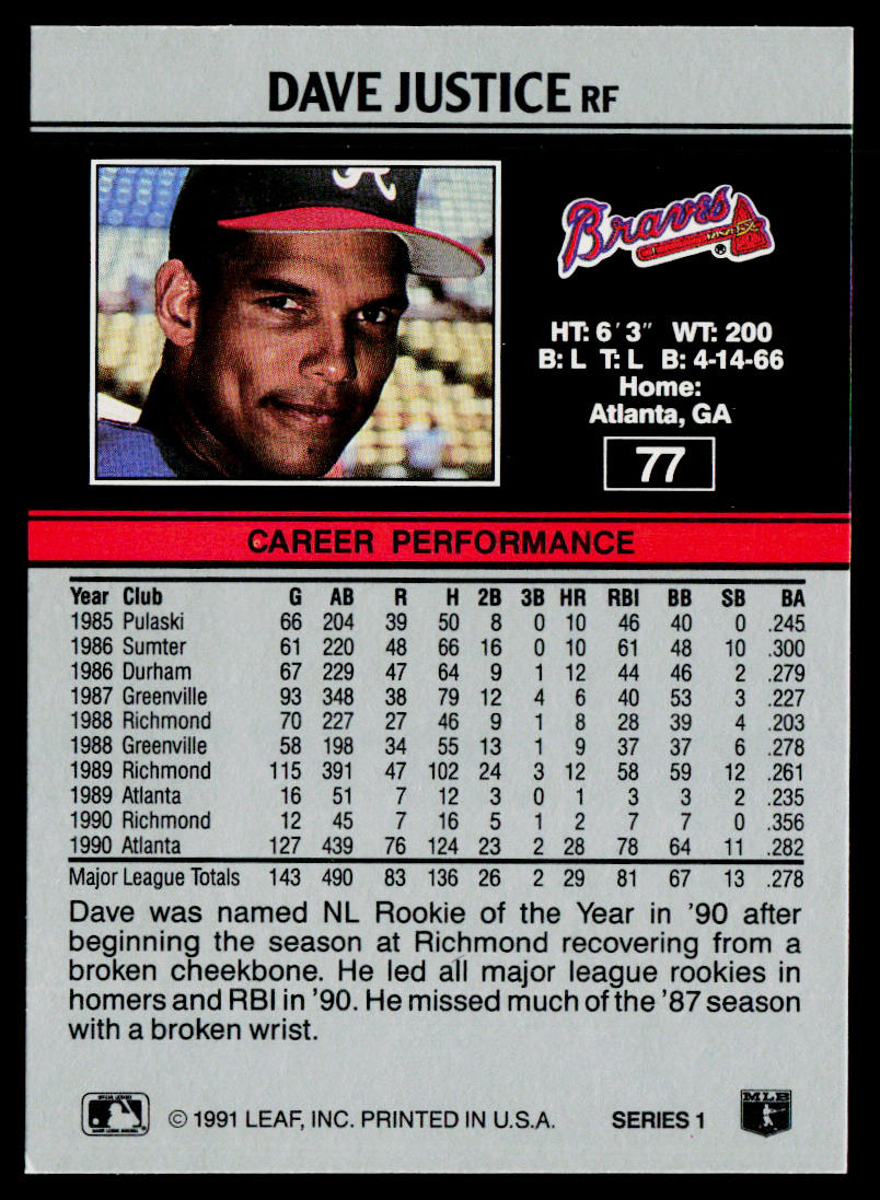Dave Justice 1991 Leaf #77 Atlanta Braves