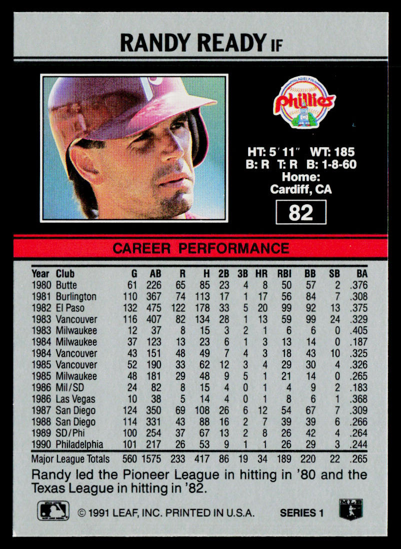 Randy Ready 1991 Leaf #82 Philadelphia Phillies
