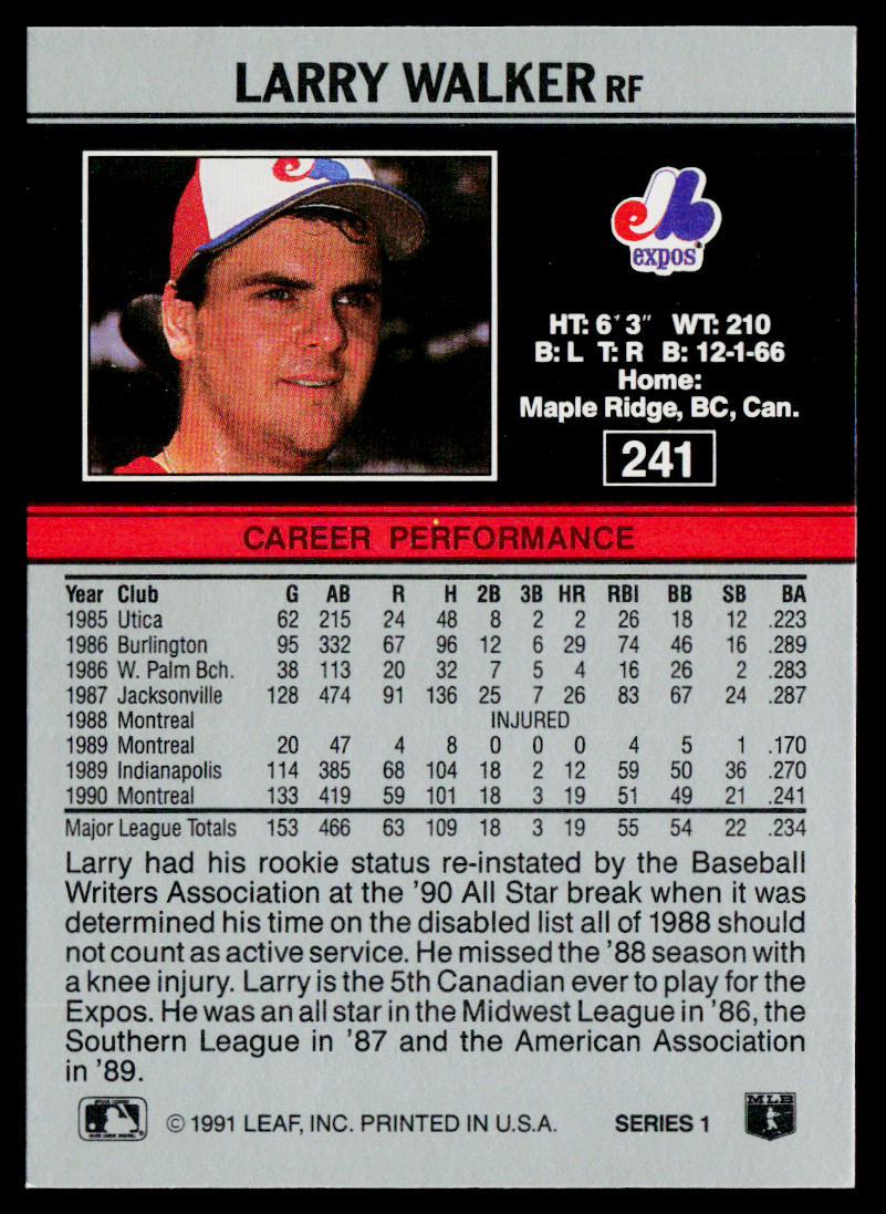 Larry Walker 1991 Leaf #241 Montreal Expos