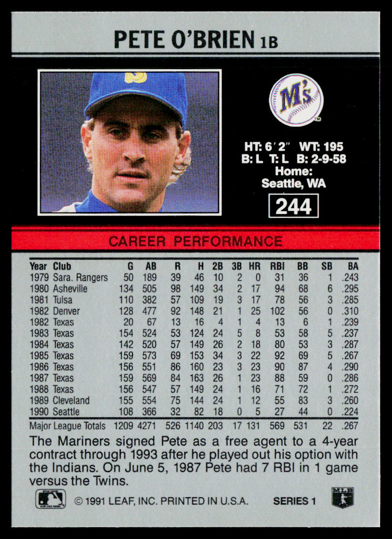 Pete O'Brien 1991 Leaf #244 Seattle Mariners