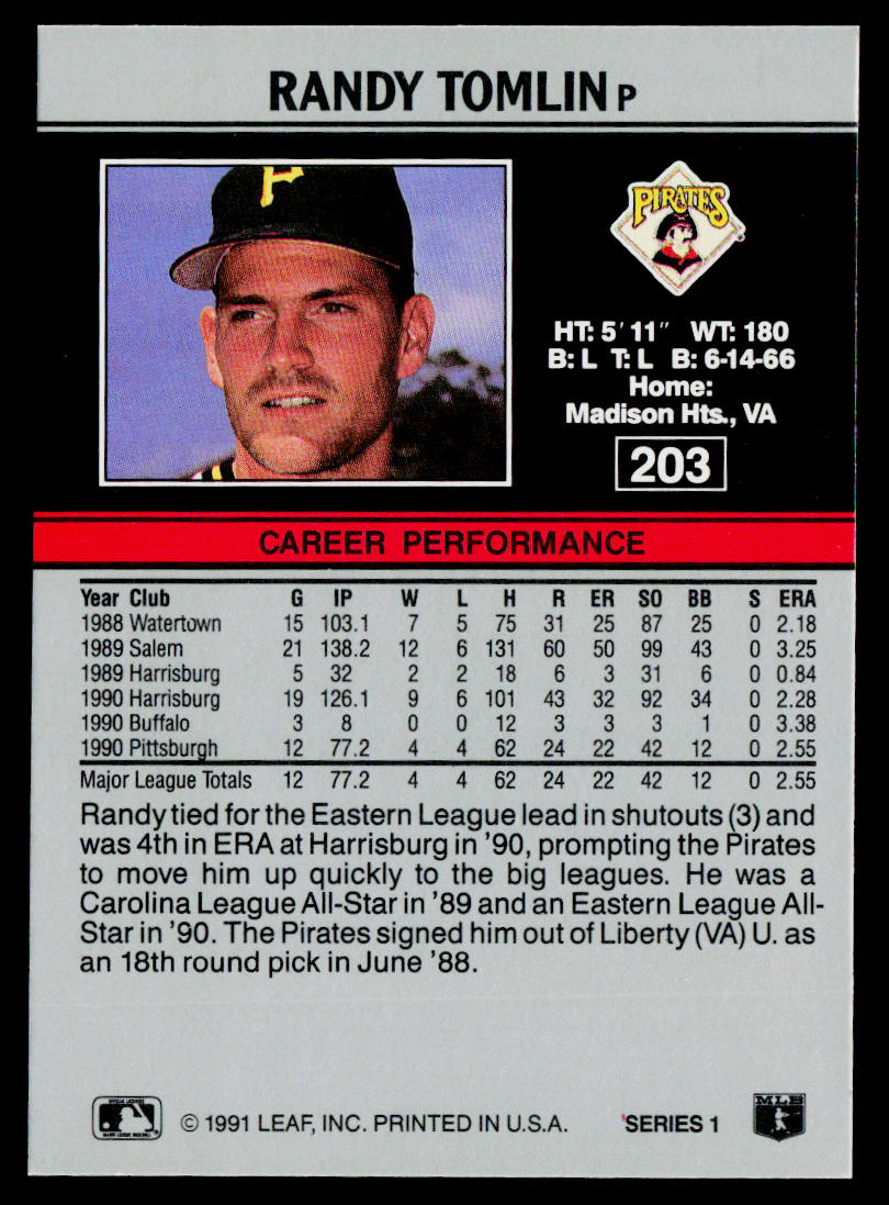 Randy Tomlin 1991 Leaf #203 RC Pittsburgh Pirates
