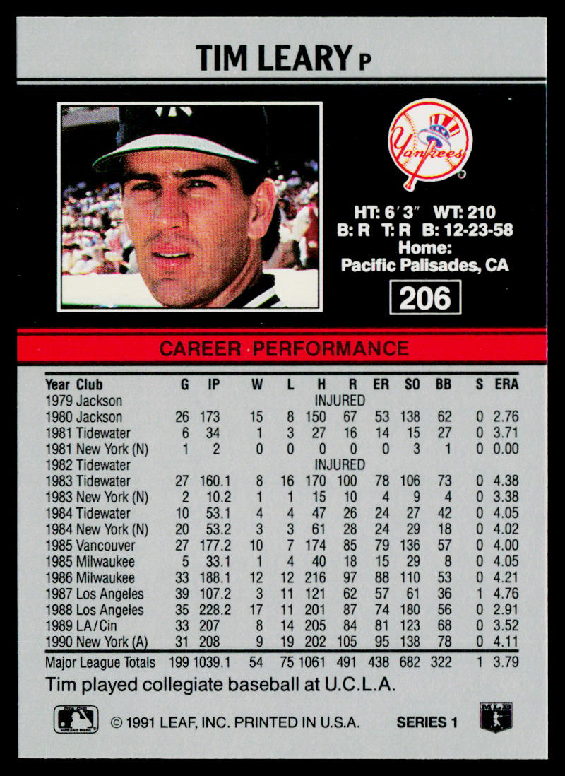 Tim Leary 1991 Leaf #206 New York Yankees