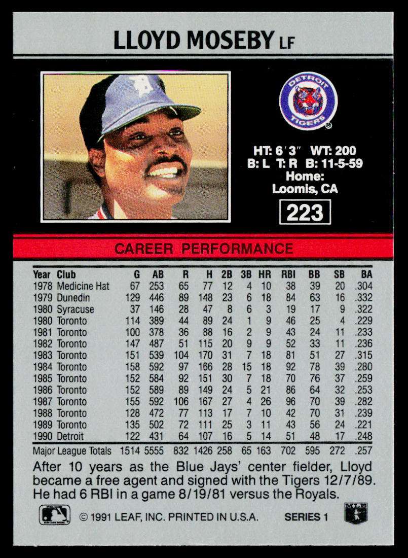 Lloyd Moseby 1991 Leaf #223 Detroit Tigers