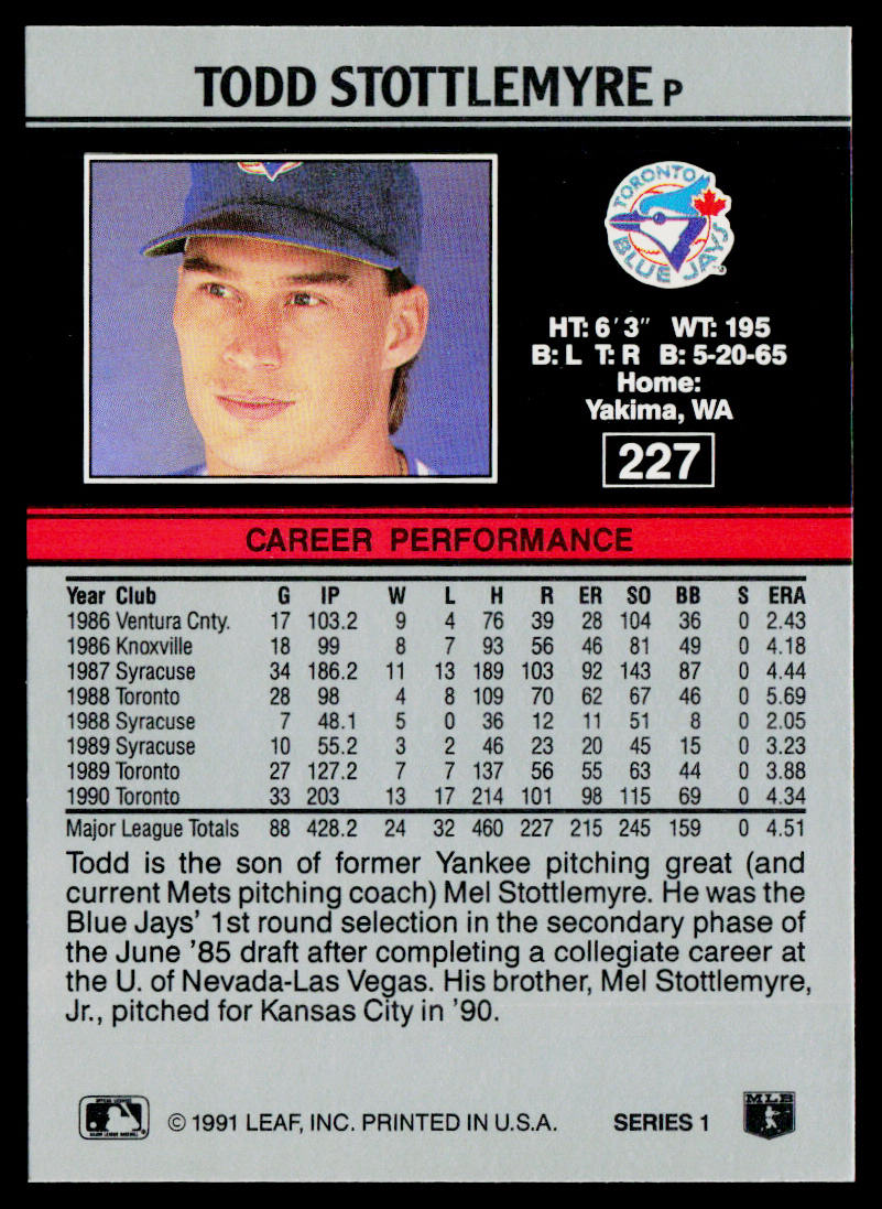 Todd Stottlemyre 1991 Leaf #227 Toronto Blue Jays