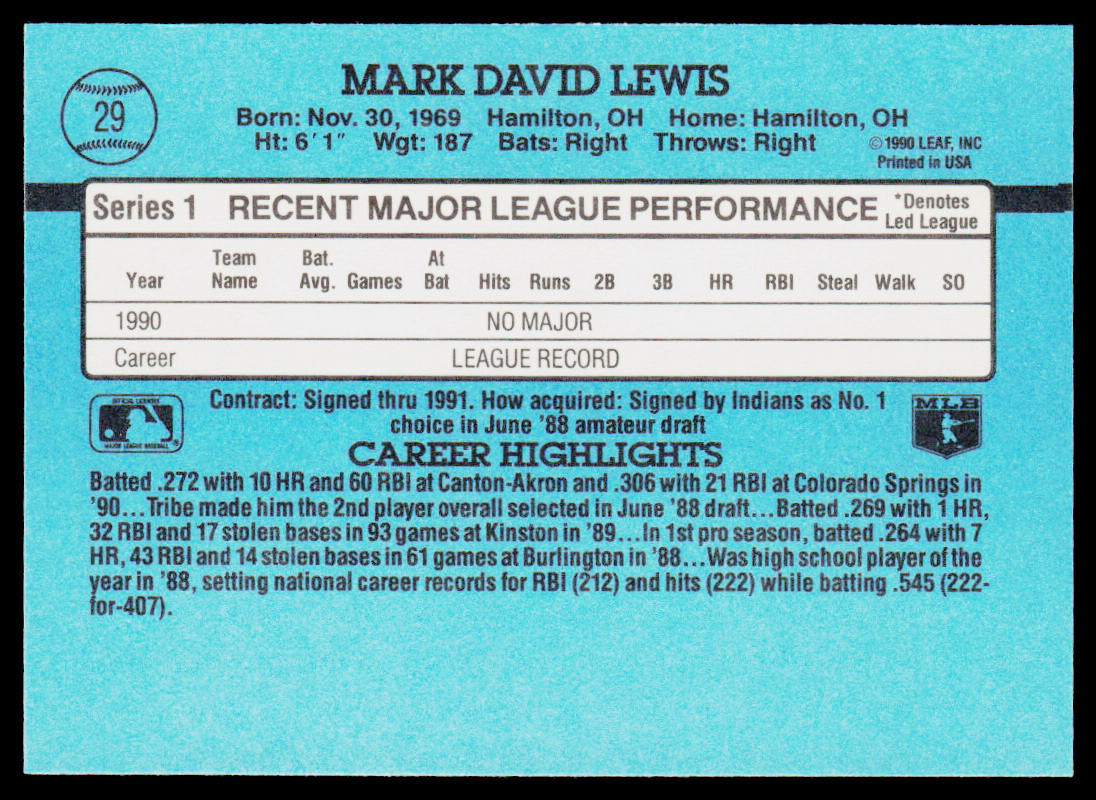 Mark Lewis 1991 Donruss #29c Cleveland Indians