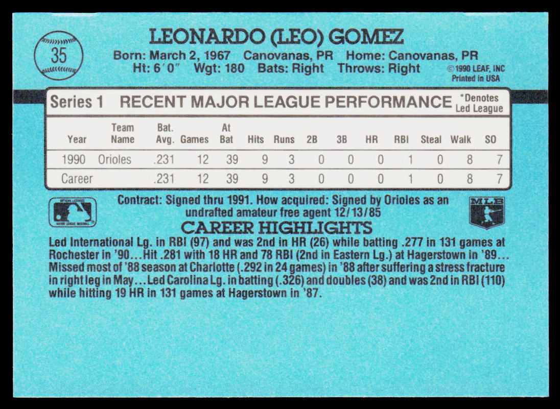 Leo Gomez 1991 Donruss #35b Baltimore Orioles