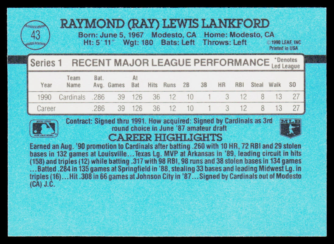 Ray Lankford 1991 Donruss #43 St. Louis Cardinals