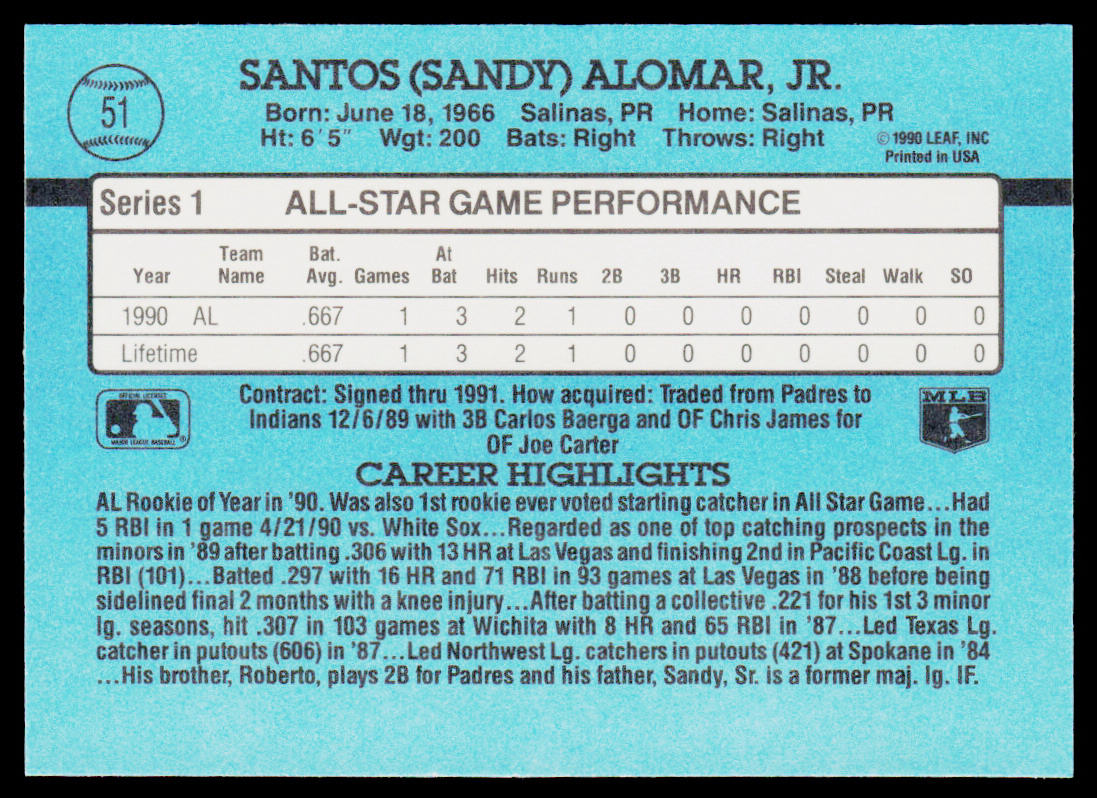 Sandy Alomar 1991 Donruss #51b Cleveland Indians