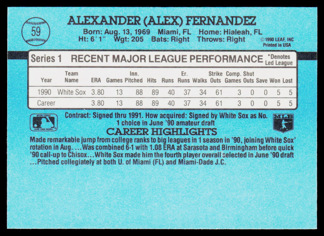 Alex Fernandez 1991 Donruss #59 Chicago White Sox