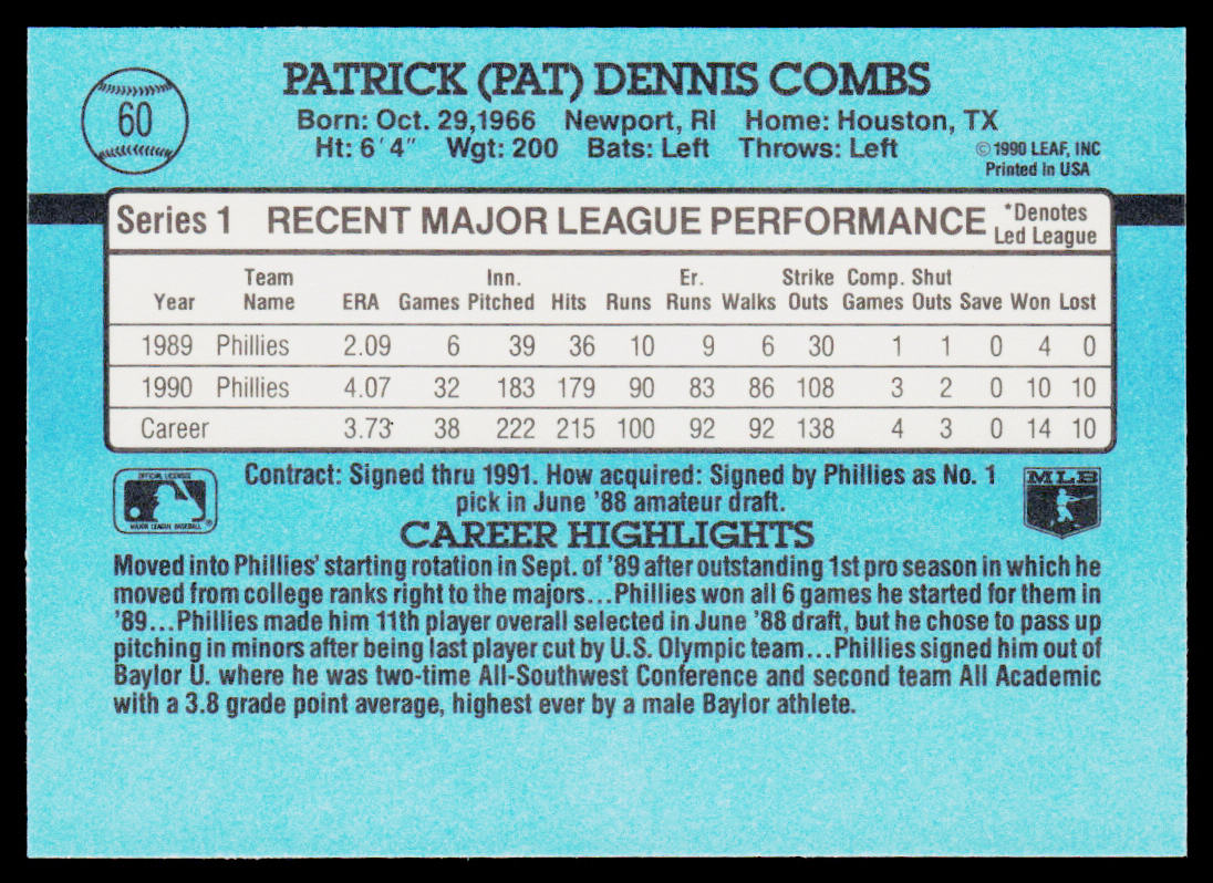 Pat Combs 1991 Donruss #60 Philadelphia Phillies