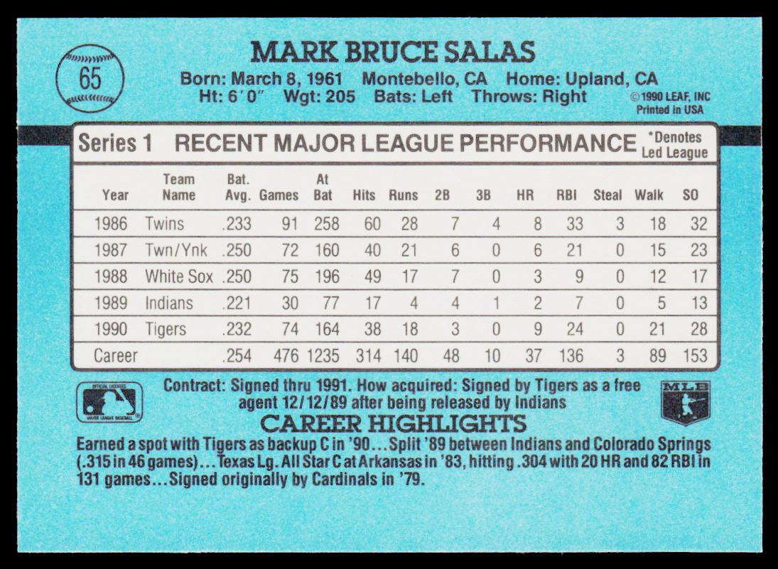 Mark Salas 1991 Donruss #65 Detroit Tigers