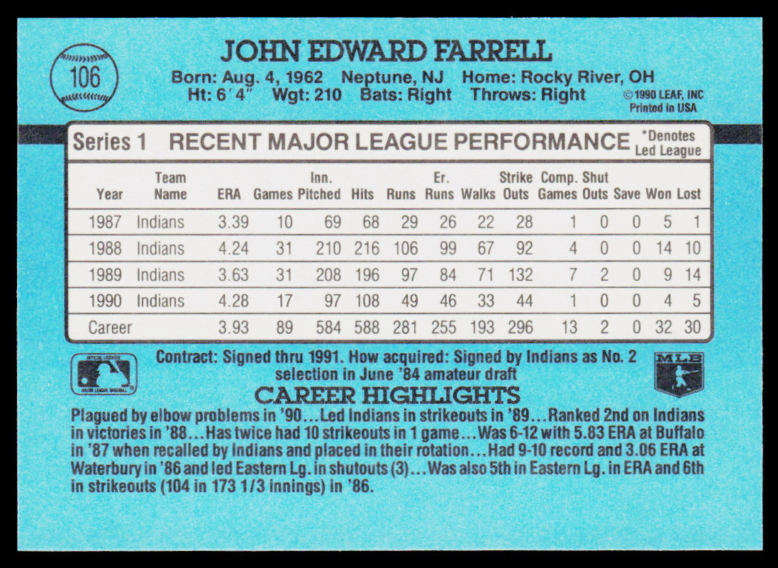 John Farrell 1991 Donruss #106c Cleveland Indians