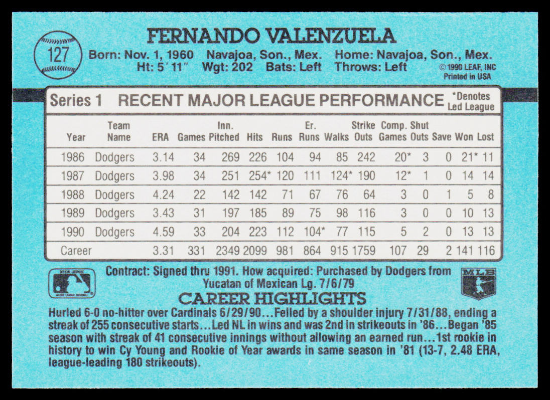 Fernando Valenzuela 1991 Donruss #127 Los Angeles Dodgers