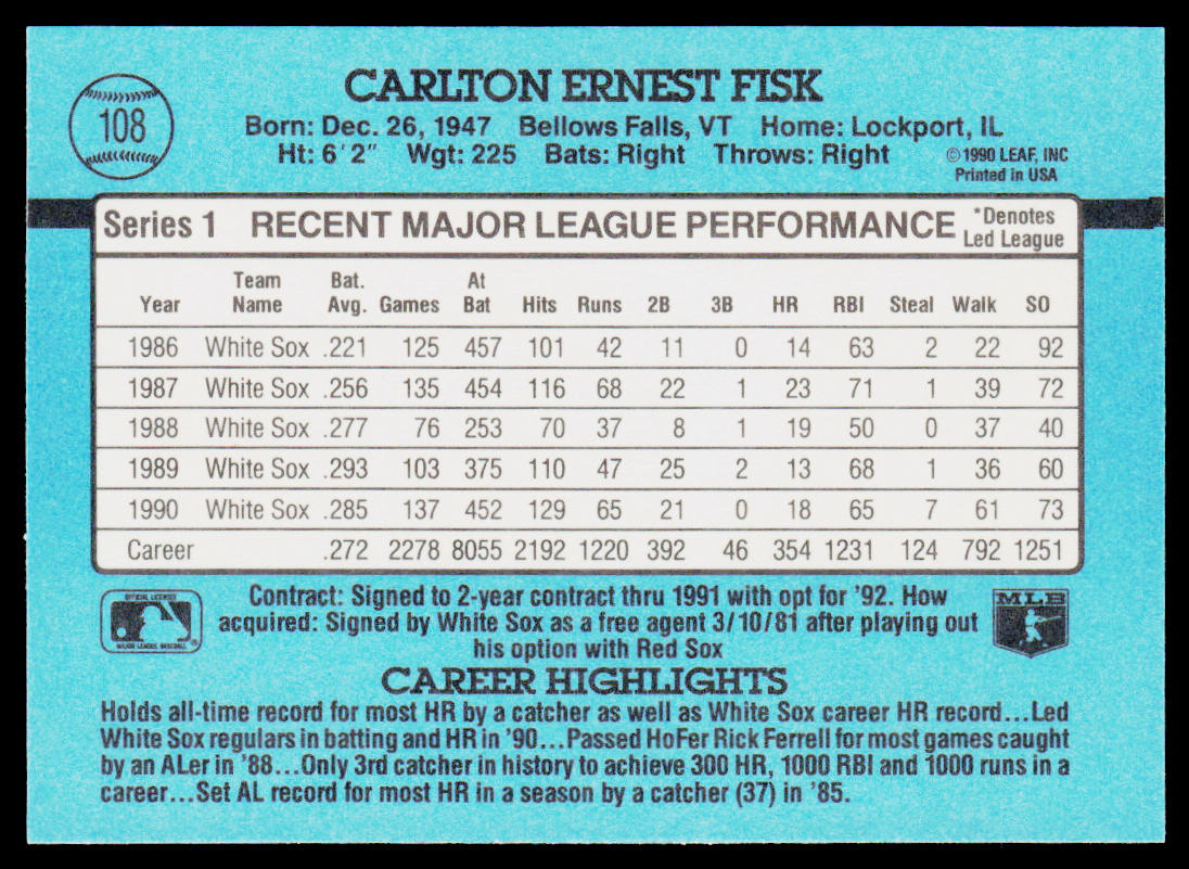 Carlton Fisk 1991 Donruss #108 Chicago White Sox