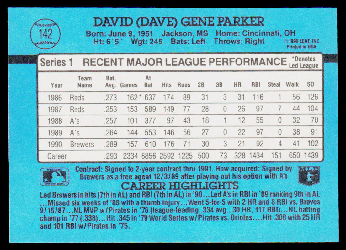 Dave Parker 1991 Donruss #142b Milwaukee Brewers