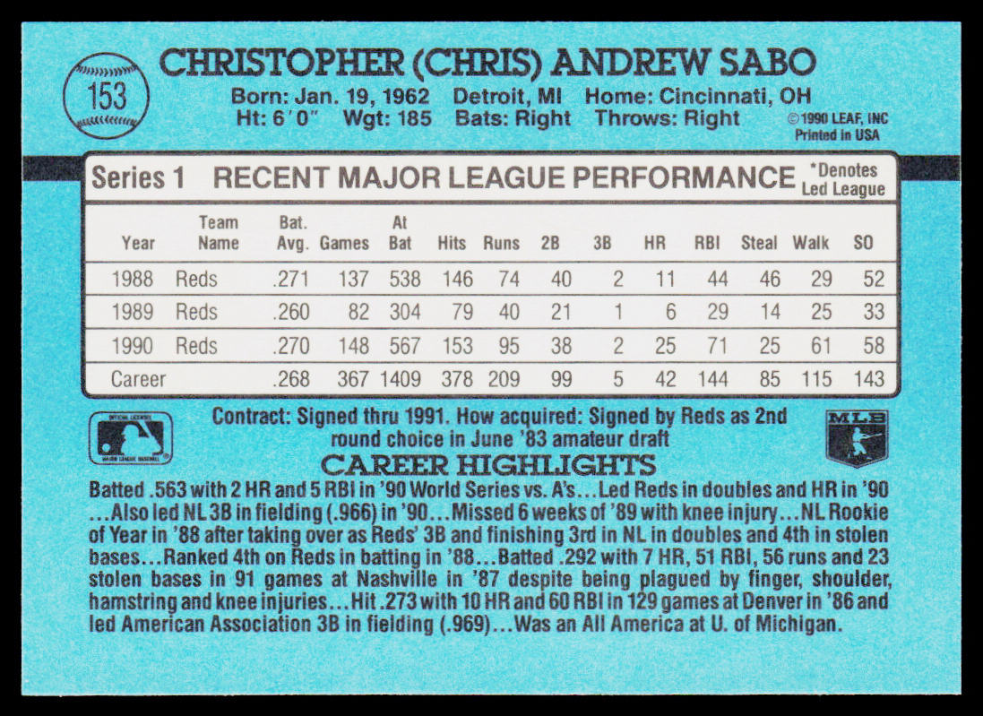 Chris Sabo 1991 Donruss #153b Cincinnati Reds