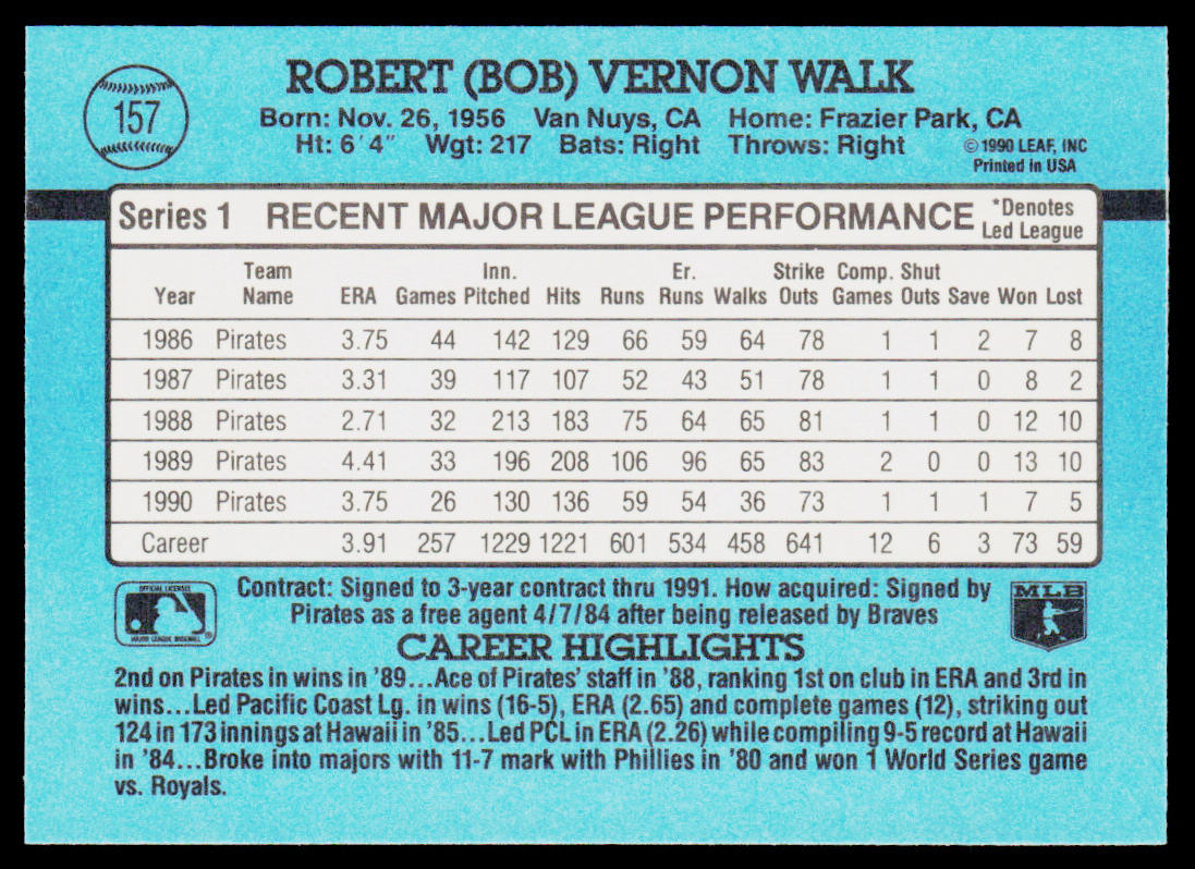Bob Walk 1991 Donruss #157 Pittsburgh Pirates