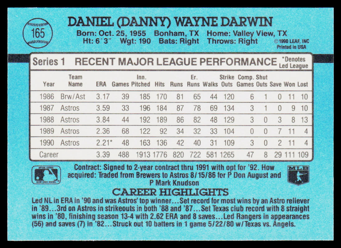 Danny Darwin 1991 Donruss #165 Houston Astros