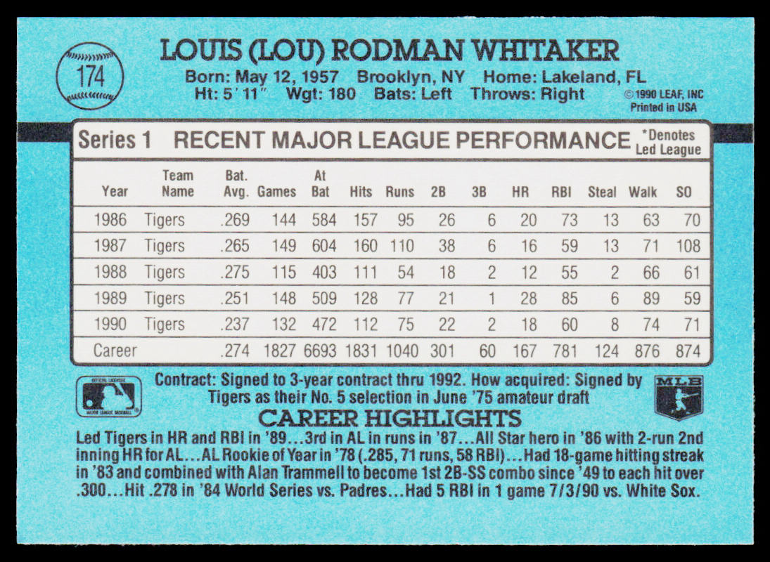 Lou Whitaker 1991 Donruss #174 Detroit Tigers