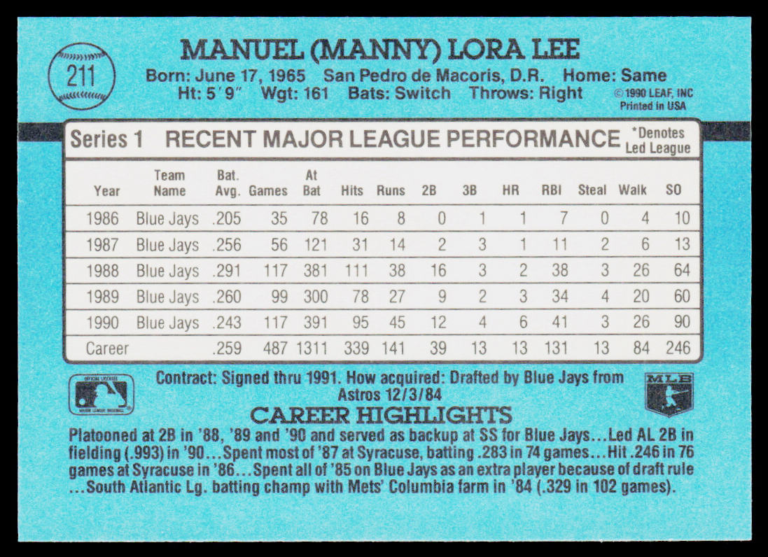 Manny Lee 1991 Donruss #211b Toronto Blue Jays
