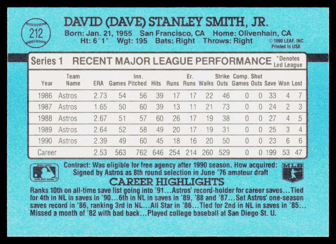 Dave Smith 1991 Donruss #212c Houston Astros