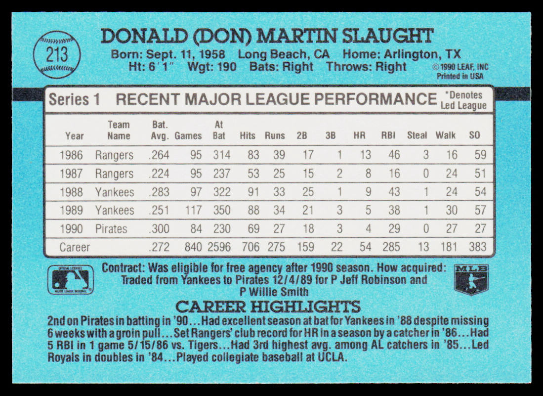 Don Slaught 1991 Donruss #213 Pittsburgh Pirates