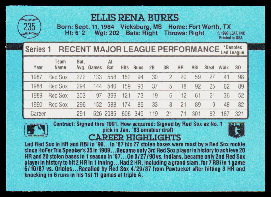 Ellis Burks 1991 Donruss #235 Boston Red Sox