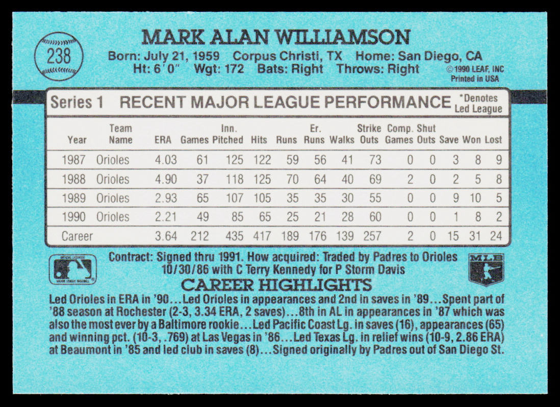 Mark Williamson 1991 Donruss #238 Baltimore Orioles