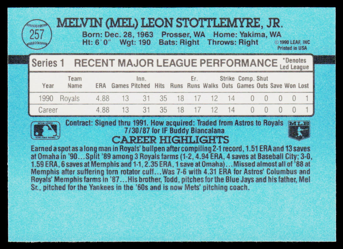 Mel Stottlemyre 1991 Donruss #257 Kansas City Royals