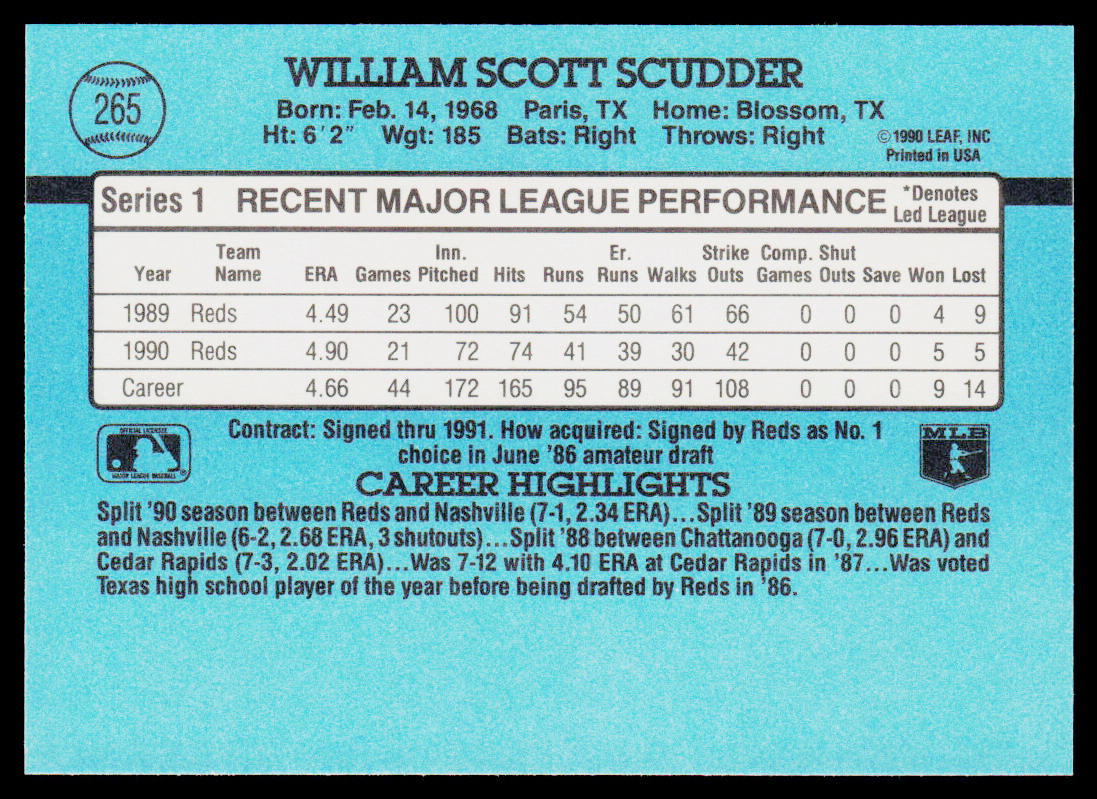 Scott Scudder 1991 Donruss #265b Cincinnati Reds
